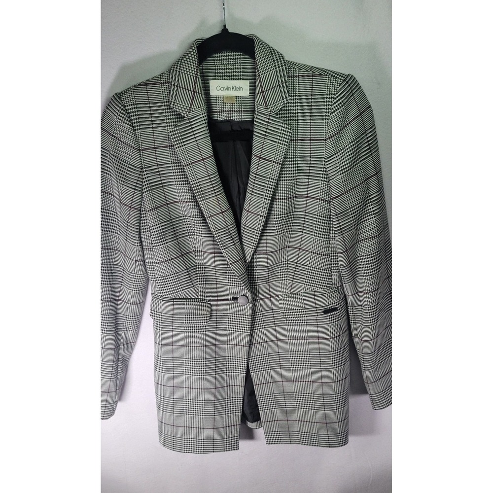 Calvin Klein Womens 2P Longer Length Houndstooth Windowpane Plaid Blazer Preppy